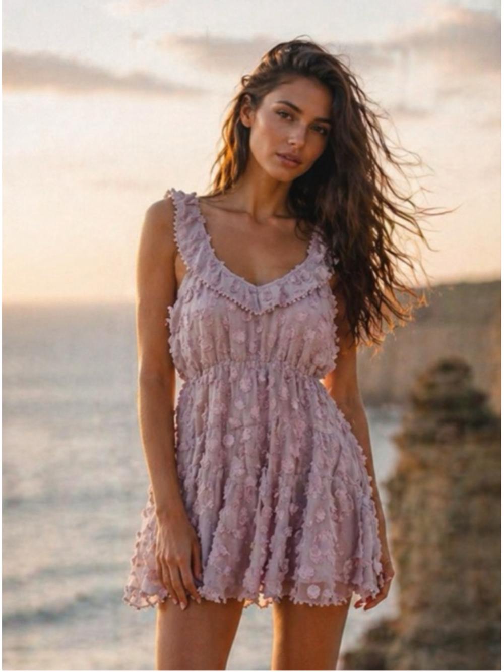 &Merci Blush Pink Mini Dress Feminine Romantic Boho Textured Ruffle Strap Luxury